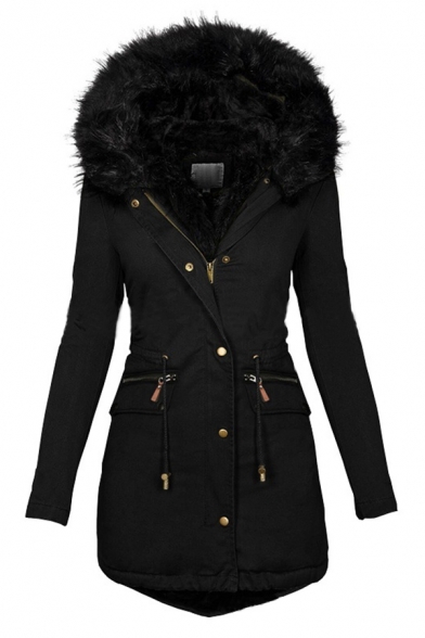 Casual Warm Black Long Sleeve Hooded Zip Buckle Detail Drawstring Slim Fit Long Puffer Coat for Female