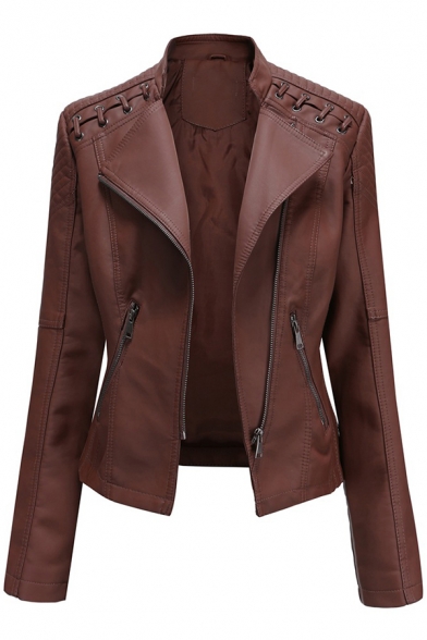 Classic Womens Jacket Plain Thin Zipper up Notched Lapel Collar Long Sleeve Slim Fit Leather Jacket