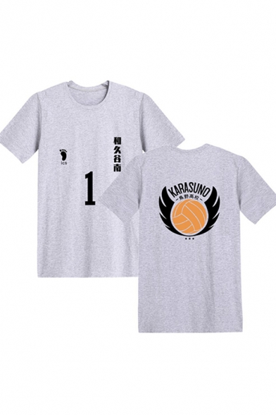 Classic Womens Tee Top Footprint Volleyball Number Japanese Letter Pattern Anime Haikyuu Regular Fit Short Sleeve Round Neck T-Shirt