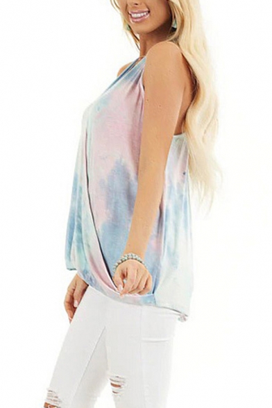 Colorful Tank Top Tie Dye Pattern Pleated Design V Neck Sleeveless Loose Fit Tunic Tank Top for Women