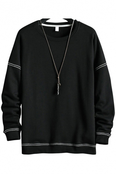 Cool Mens Sweatshirt Contrast Topstitching Thick Rib Trim Round Neck Long Drop-Sleeve Regular Fit Pullover Sweatshirt