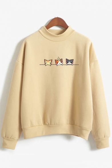 Cute Cartoon Three-Cat Pattern Mock Neck Long Sleeve Loose Relaxed Sweatshirt