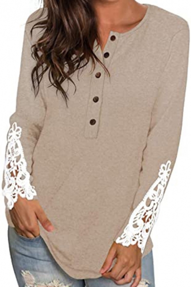 Elegant Women's T-Shirt Lace Trims Button Details Round Neck Long Sleeves Regular Fit Henley Tee Top