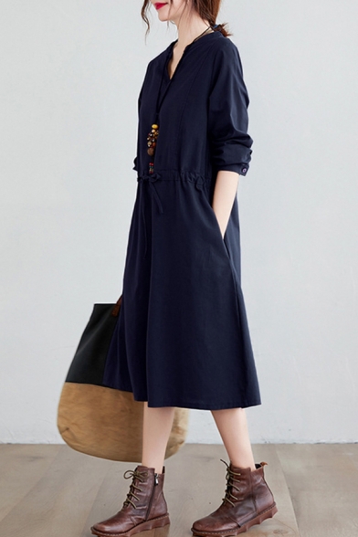 A-Line Dress Solid Color Drawstring Waist  Button-Cuffs Notched Collar Long Sleeves