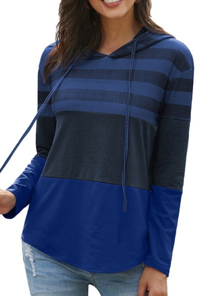 Girls Basic Sweatshirt Horizontal Stripe Drawstring Hooded Long Sleeve Fitted Sweatshirt