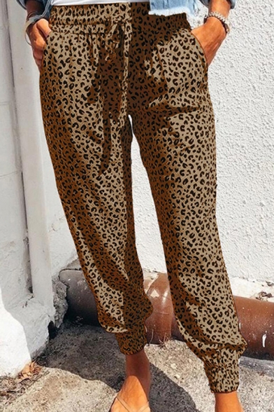 Leisure Women's Pants Leopard Print Drawstring Waist Cuffed Ankle Taper Fit Trousers