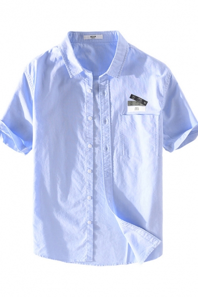 Mens Shirt Unique Chest Pocket Oxford Label Patch Button down Short Sleeve Point Collar Regular Fit Shirt
