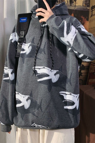 Mens Sweatshirt Unique Shark Print Ribbed Hem Drawstring Loose Fit Long Sleeve Hooded Sweatshirt