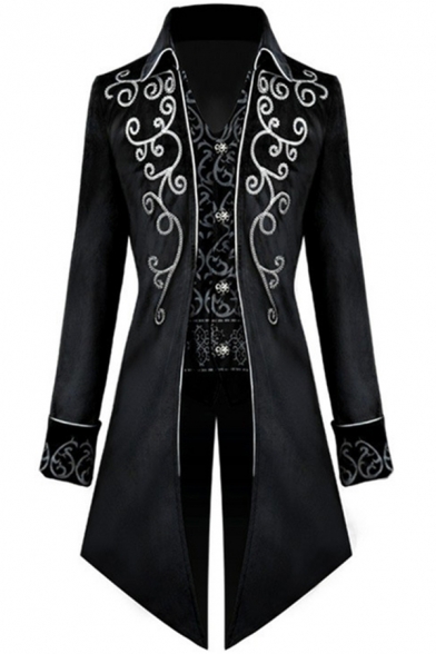 Mens Tuxedo Trendy Vine Embroidered Patchwork Button down Lapel Collar Long Sleeve Slim Fitted Swallow-Tailed Tuxedo