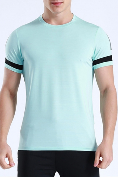 Mens Workout Tee Top Stylish Contrast Arm-Stripe Quick Dry Slim Fitted Round Neck Short Sleeve T-Shirt