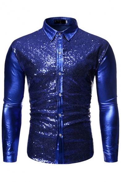 Novelty Mens Shirt Sequin Decoration Point Collar Button-down Slim Fitted Long Sleeve Shirt
