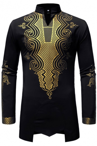 Retro Mens Tunic T-Shirt Gilding Spiral Pattern African Style Asymmetric Hem Slim Fitted Split Stand Collar Long Sleeve T-Shirt