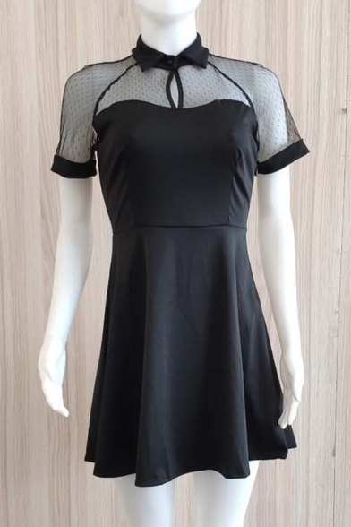 Sexy Transparent Mesh-Panelled Lapel Collar Short Sleeve Black Fit and Flared Dress