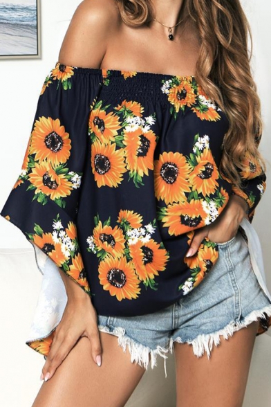 Fashion Summer Floral Print Shirt Womens Kimono Style 3/4 Butterfly Sleeve Cold Shoulder Loose Blouse