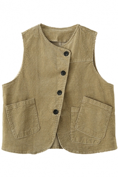 Thick Women's Solid Color Big Pockets Button-up Collarless Sleeveless Oversized Corduroy Vest