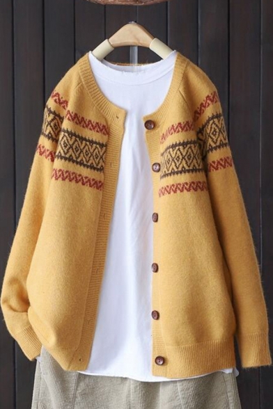 Tribal Style Women's Sweater Button-down Round Neck Long-sleeves Fitted Cardigan