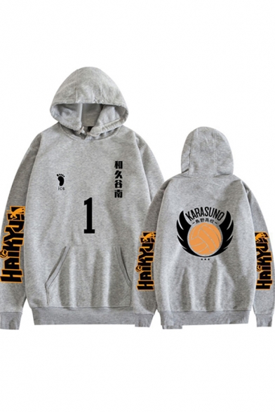 Vintage Mens Hoodie Volleyball Number Chinese Letter Print Anime Haikyuu Kangaroo Pocket Drawstring Long Sleeve Relaxed Fitted Hoodie
