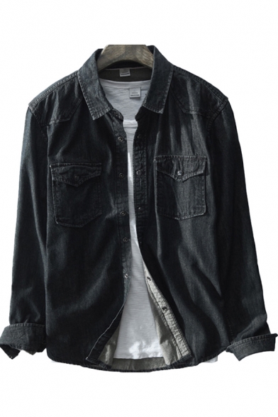 Vintage Mens Jacket Faded Wash Flap Chest Pockets Turn-down Collar Button-down Regular Fit Long Sleeve Denim Jacket