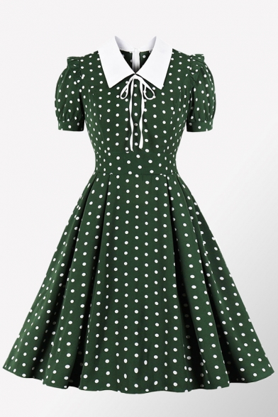Vintage Womens Dress Polka Dot Print Tie Detail Waist-Controlled Short Puff Sleeve Midi A-Line Slim Fitted Turn-down Collar Swing Dress