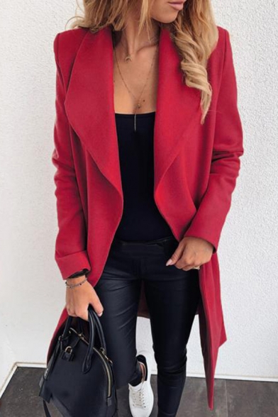 Womens Coat Chic Solid Color Tie-Waist Cardigan Notched Lapel Collar Loose Fit Long Sleeve Woolen Coat