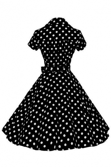Womens Dress Casual Polka Dot Pattern Bow Tie Waist Midi A-Line Slim Fitted Surplice Neck Short Sleeve Swing Dress