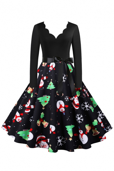 Womens Dress Trendy Santa Claus Gift Stocking Candy Cane Tree Print Tie Waist Midi A-Line Slim Fitted Scalloped V Neck Long Sleeve Swing Dress
