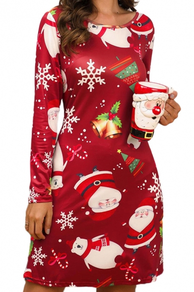 Womens Short Dress Chic Christmas Print Silk-Look Regular Fitted Boat Neck Long Sleeve Sheath Dress