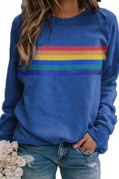 Womens Sweatshirt Casual Rainbow Stripe Pattern Long Sleeve Relaxed Fit Crew Neck Pullover Sweatshirt