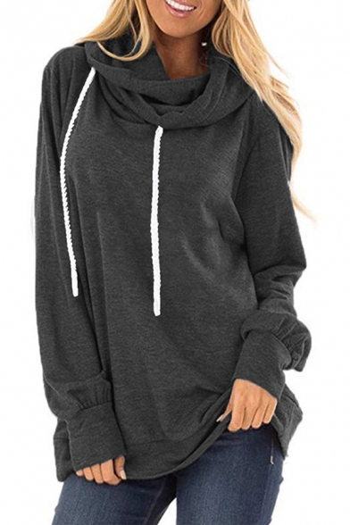 Basic Hoodie Drawstring Solid Color Cowl Collar Long Sleeves Loose Fit Hooded Sweatshirt for Women