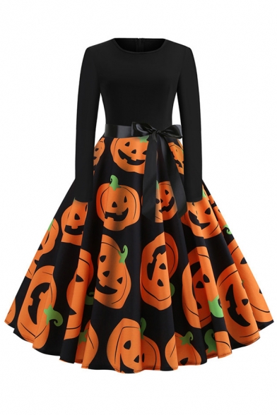 Basic Womens Dress Pumpkin Skull Head Ghost Cobweb Print Bow Tie Waist Long Sleeve Midi A-Line Slim Fitted Round Neck Swing Dress