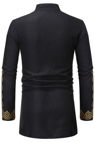 Cool Mens Tunic T-Shirt African Style Gilding Spiral Pattern Asymmetric Hem Slim Fitted Long Sleeve Stand Collar Tee Top