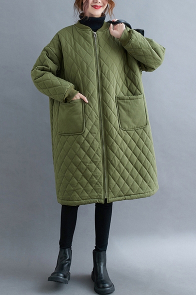 Cozy Coat Quilted Solid Color Side Pockets Banded Hem Zip Fly Long-sleeved Collarless Oversized Coat for Women