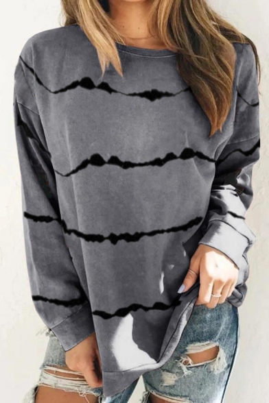 Cozy Sweatshirt Stripe Pattern Crew Neck Long-sleeved Regular Fitted Pullover Sweatshirt for Women