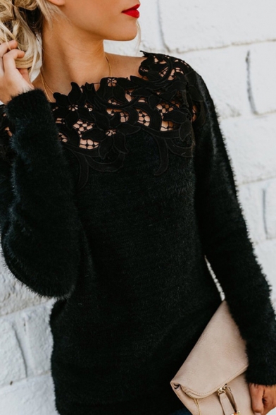 Fashion Women's Sweater Appliques Hollow out Lace Trims Solid Color Regular Fitted Pullover Sweater