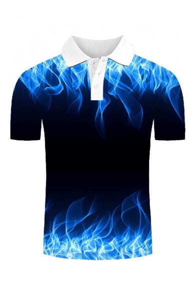 Guys Hot Fashion 3D Fire Pattern Short Sleeve Lapel Collar Black Polo Shirt