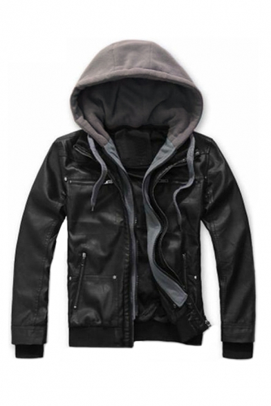 Men's New Trendy Simple Contrast Hooded Long Sleeve Leather Jacket