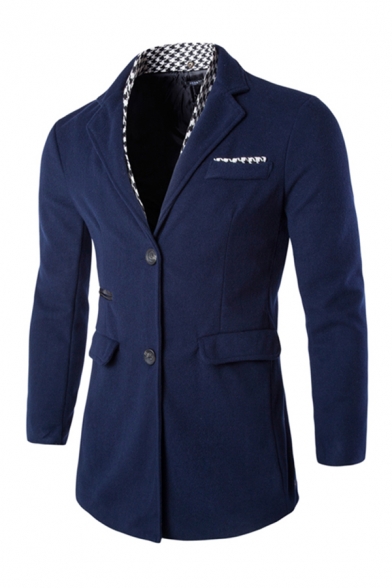 Mens Fashion Simple Lapel Collar Long Sleeve Double-Button Fitted Wool Coat