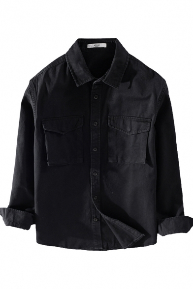 Mens Shirt Chic Flap Chest Pockets Purified Cotton Spread Collar Button Detail Regular Fit Long Sleeve Shirt