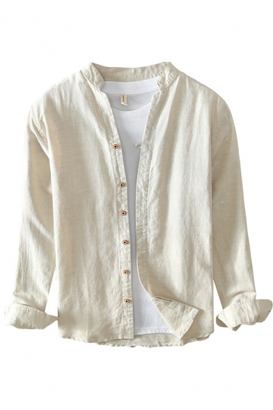 Mens Shirt Stylish Plain Sweat-Absorbing Button up Stand Collar Long Roll-Tab Sleeve Regular Fit Linen Shirt