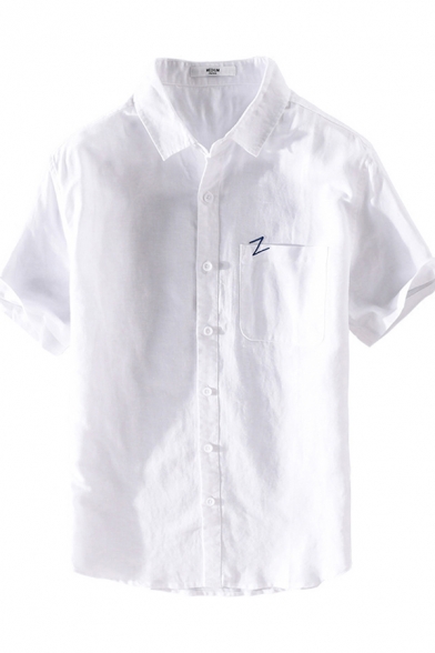 Mens Shirt Unique Letter Z Embroidery Cotton Linen Button down Short Sleeve Stand Collar Regular Fit Shirt