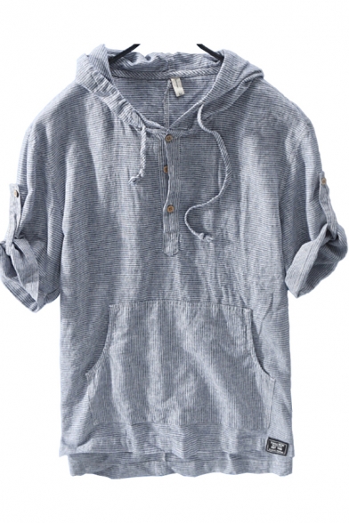 Mens Tee Top Simple Pinstripe Pattern Cotton Linen Roll-Tab Detail Regular Fit Half Sleeve Hooded T-Shirt