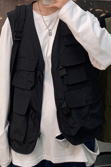 Generic Mens Waistcoat Solid Hoodie Zipper Solid Color Down Vest Jackets