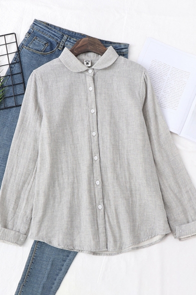 Novelty Womens Shirt Solid Color Plaid Print Double Layer Cotton Yarn Button down Long Sleeve Turn-down Collar Loose Fitted Shirt