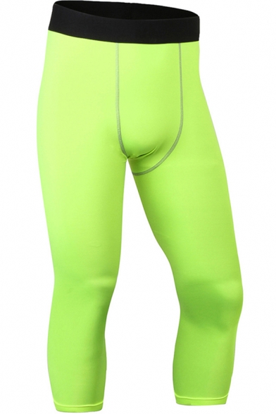 Retro Mens Pants Contrast-Waistband Flatlock Seam Quick Dry Skinny Fitted Capri Sport Pants