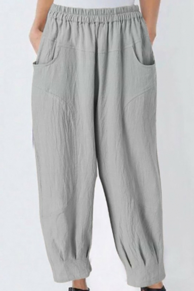 Retro Womens Pants Plain Linen Pleated-Cuffed Elastic Waist Loose Fitted 7/8 Length Tapered Relaxed Pants