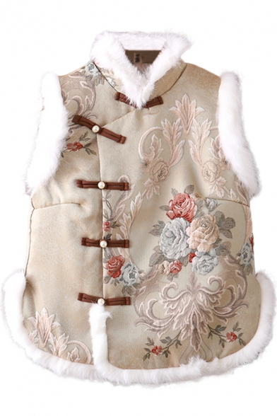 Vintage Women's Vest Single-Breasted Flower Embroidered Side Slits Stand Collar Sleeveless Relaxed Fit Fluffs Linen Vest