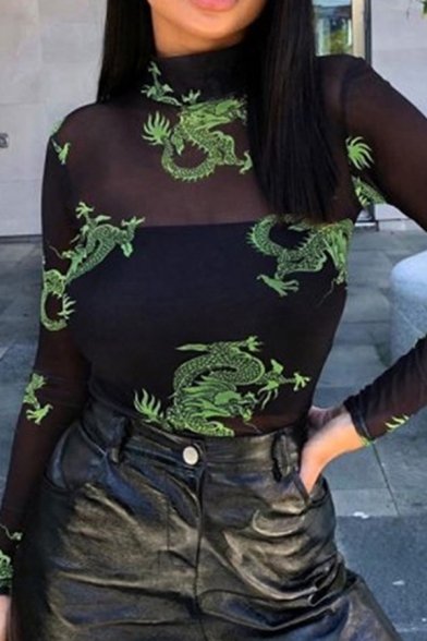 Womens Bodysuit Casual Dragon Pattern See-Through Mesh Long Sleeve Mock Neck Slim Fitted Bodysuit