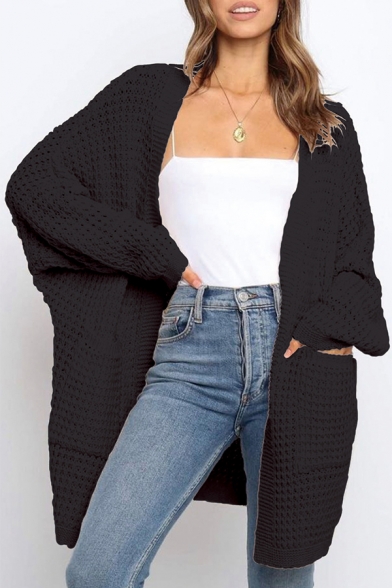 Womens Fashion Plain Bat Long Sleeve Cable Knit Cardigan