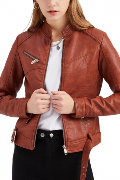 Womens Jacket Stylish Letter Embossed Metal-Buckle Belted Stand Collar Zipper Detail Leather Jacket