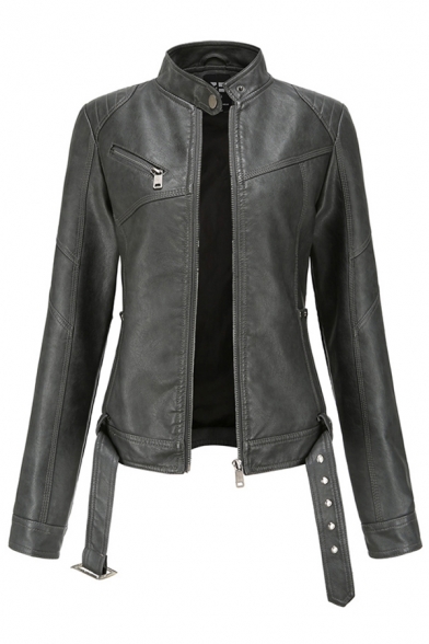 Womens Jacket Stylish Letter Embossed Metal-Buckle Belted Stand Collar Zipper Detail Leather Jacket